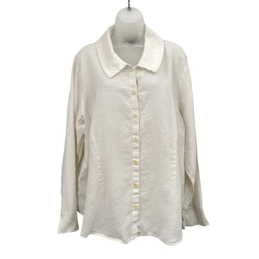 FLAX by Jeanne Engelhart Size 1G 1X White Button Down Shirt Lagenlook Top Linen - Picture 6 of 16
